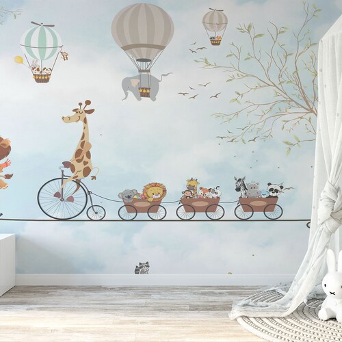 Peel and Stick Wallpaper Giraffe With Cycle and Other Animals Etsy