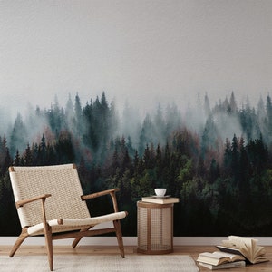 Foggy Green Tropical Forest Wallpaper Mural | Peel and Stick | Nature-inspired Wall Décor B752