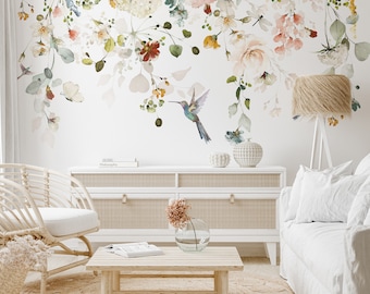 Floral Hummingbird Mural: Nature-Inspired Peel and Stick Wallpaper