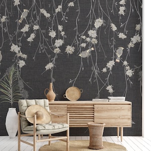 Abstract Wallpaper, Dark Black Wallpaper, Hanging Leaves Wall Murals & Birds Wallpaper Murals for Bedroom, Removable Wallpaper for walls