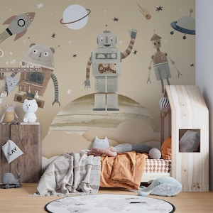 Carta da parati murale beige con robot spaziale - Carta da parati adesiva e staccabile Kids Planet-C120