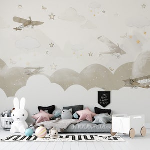 Beige Vintage Watercolor Airplane and Clouds Wallpaper Mural-C356