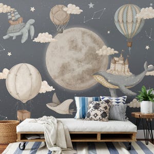 Hot Air Balloon Wallpaper Mural: Dreamy Moon, Castle, Animals - Kids Nursery Decor