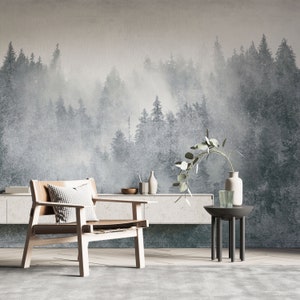 Natuurmuurschildering Peel and Stick Forest Wallpaper Zelfklevende mistige bosmuurschildering van Elegant Walls