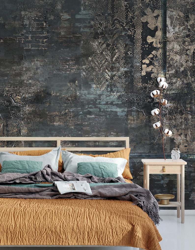 Vintage black wallpaper mural with peel and stick technology