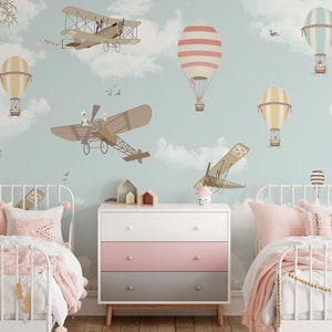 Hot Air Balloons & Planes Wallpaper Mural: Kids Room Decor, Peel and Stick