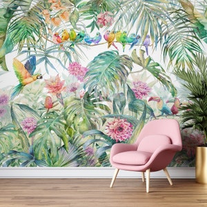 Tropical Wallpaper for Rooms - Watercolor Tropical Birds Wall Murals - Wallpaper for Walls with Lush Tropical Theme B494