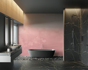 Könnte beinhalten: Ein modernes Badezimmer mit einer freistehenden schwarzen Badewanne, einem Doppelwaschbecken und einer ebenerdigen Dusche mit schwarzen Marmorfliesen.
