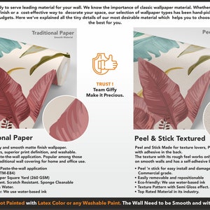 May include: Two wallpaper samples with a tropical leaf design. The left sample is traditional paper with a smooth matte finish. The right sample is peel and stick textured with a PVC texture. Both samples are in shades of pink, green, and blue.