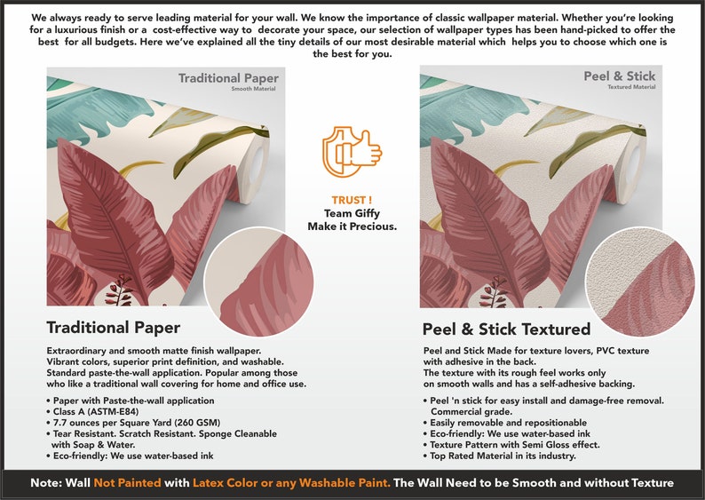 May include: Two wallpaper samples with a tropical leaf design. The left sample is traditional paper with a smooth matte finish. The right sample is peel and stick textured with a PVC texture. Both samples are in shades of pink, green, and blue.
