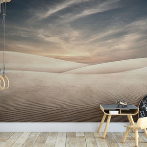Peaceful sunset over rolling sand dunes captured in a nature-inspired wallpaper mural.