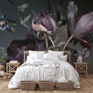 Dark Floral Art Purple Wallpaper Mural Minimalist Peel and Stick Wallpaper-B580
