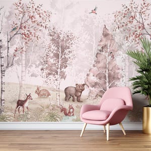 Pastel woodland animals wallpaper featuring a fox, bear, and deer among soft trees, perfect for nurseries and kids rooms.