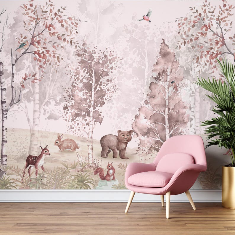 Pastel woodland animals wallpaper featuring a fox, bear, and deer among soft trees, perfect for nurseries and kids rooms.