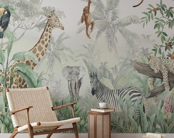 May include: A watercolor jungle mural featuring a giraffe, zebra, elephant, monkey, toucan, and leopard. The mural is painted on a light gray background with green foliage and palm trees.