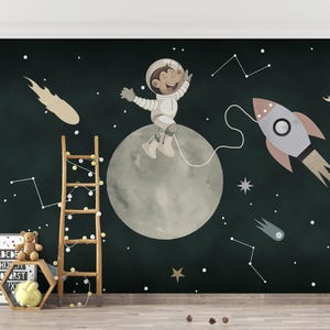 Carta da parati murale per bambini con astronauta e razzo - Carta da parati staccabile e adesiva con luna e stelle-C81