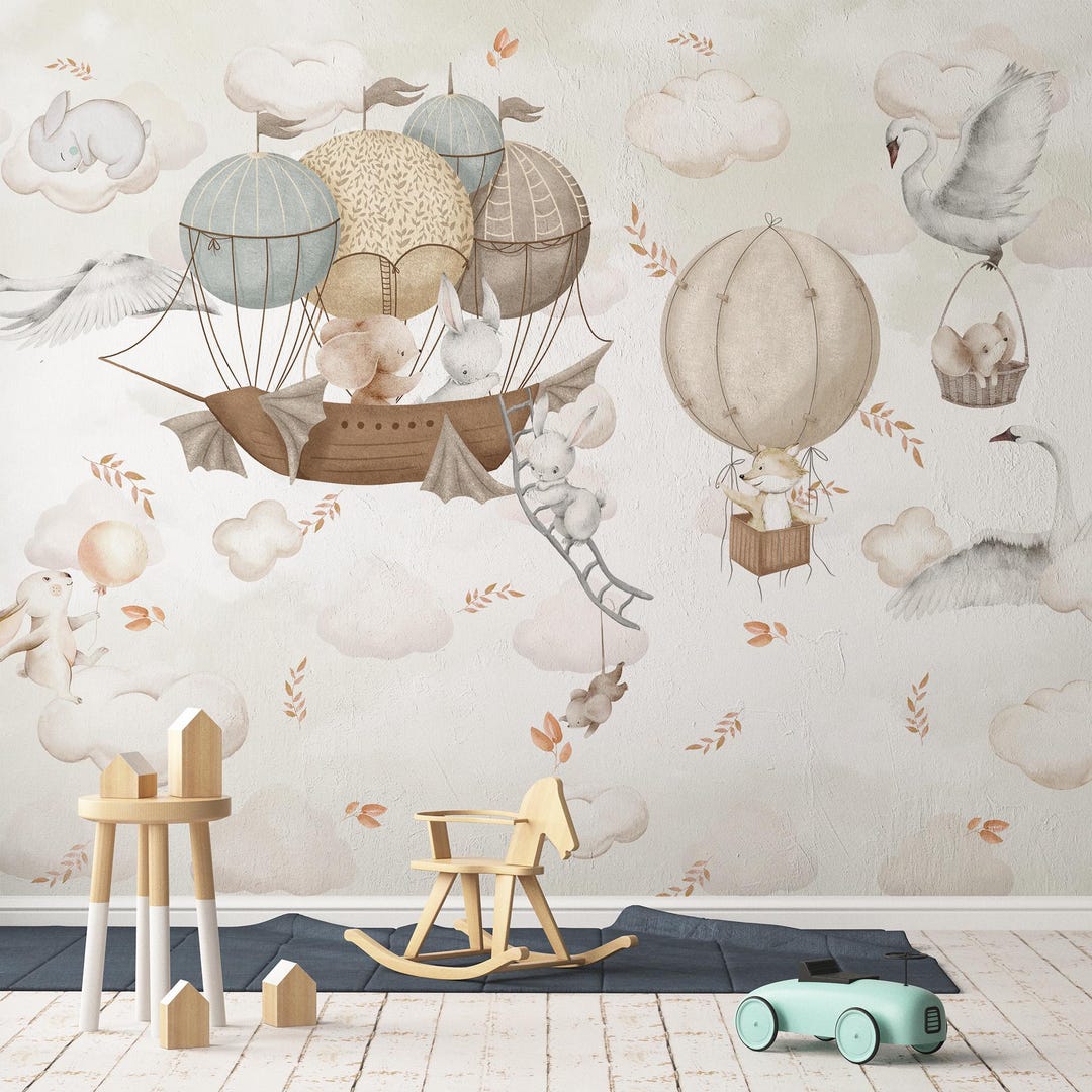 Buy White Clouds and Animals Balloon Wall Mural Peel and Stick