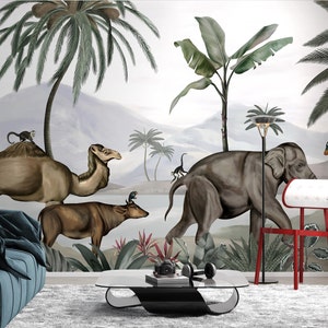 Carta da parati murale staccabile e adesiva con animali della giungla tropicale-B726