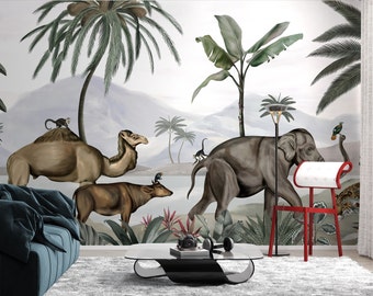 Peel and Stick Indian Jungle Animals Wall Mural – Vivid Camel, Elephant Wildlife Wallpaper for Home Décor B726