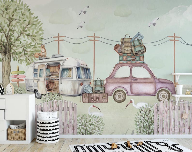 Buy Watercolor Pink Car and Camper Van With Birds and Nature Wallpaper