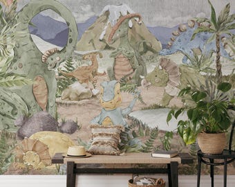 Watercolor Dinosaur Jungle Wallpaper Mural: Peel & Stick Nursery Decor