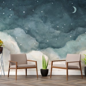 Murale da parete con cielo notturno stellato e acquerello - Luna celeste - Stelle e nuvole per l'arredamento della casa - Caratteristica della camera da letto da sogno