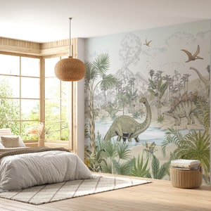 May include: A bedroom with a large wall mural featuring a jungle scene with dinosaurs, palm trees, and a volcano. The mural is in shades of green, brown, and blue. A bed with white bedding and a brown knitted throw blanket is in the foreground. A wicker pendant light hangs from the ceiling.
