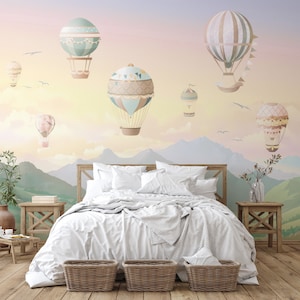 Pastel Hot Air Balloon Wallpaper - Watercolor Mountain Landscape - Nursery Wall Mural - Peaceful Sky Wall Art - Romantic Room Decor