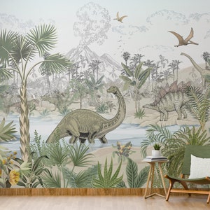 May include: A green and brown dinosaur wallpaper mural with a jungle scene featuring palm trees, ferns, and a river. The mural also includes a volcano in the background and several dinosaurs, including a brachiosaurus and a stegosaurus.