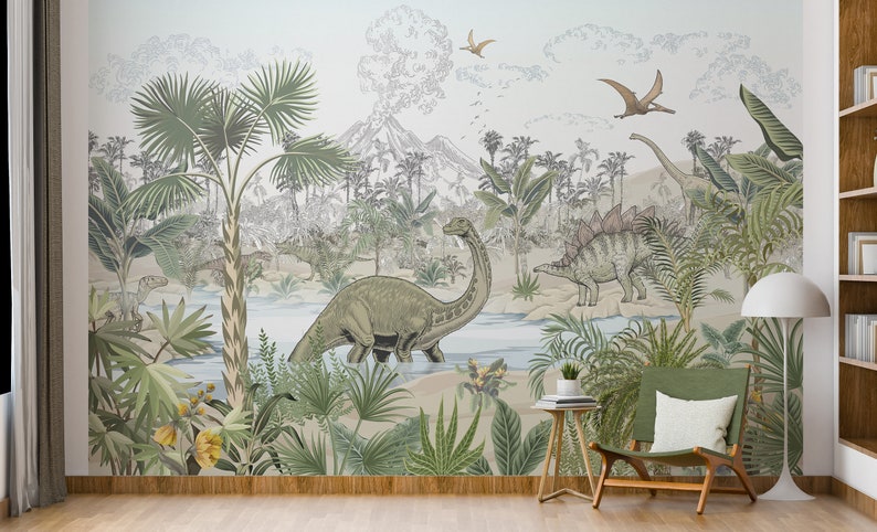 May include: A green and brown dinosaur wallpaper mural with a jungle scene featuring palm trees, ferns, and a river. The mural also includes a volcano in the background and several dinosaurs, including a brachiosaurus and a stegosaurus.
