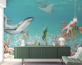 Blue Underwater Whale Marine Life Peel and Stick Wallpaper-C145