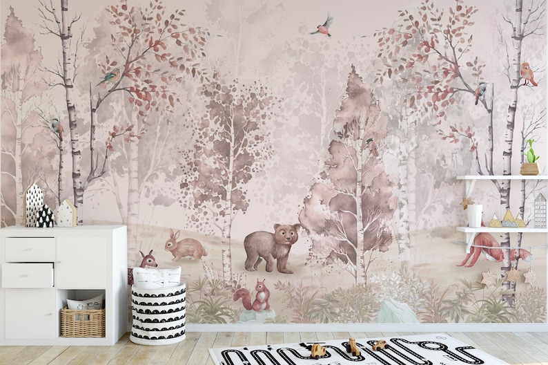 Playful forest scene mural with woodland animals and neutral tones, featuring a bear, rabbit, and delicate pink and brown foliage.