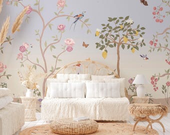 Whimsical Chinoiserie Garden Floral Wallpaper Mural-AW35