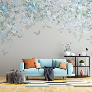 Carta da parati floreale delicata - Fiori blu e bianchi con farfalle - Perfetta per la camera da letto e il soggiorno