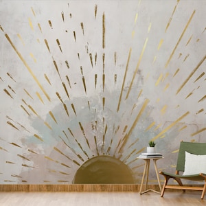 Abstract Golden Sunrise Wall Mural - Modern Radiant Sun Art Wallpaper - Contemporary Home Decor - Wallpaper for Walls