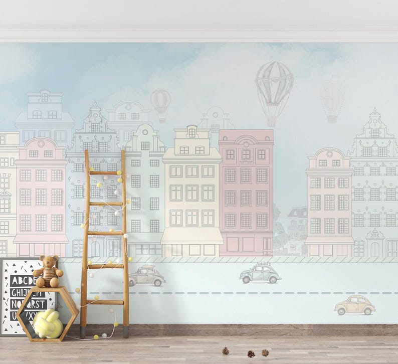 Buy Pastel City Street With Vintage Cars and Hot Air Balloons Wallpaper