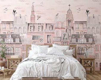 Charming Parisian Facades - Pastel Pink Vintage Buildings Wallpaper for Nursery - Girls Room Decor - Peel and Stick Wallpaper