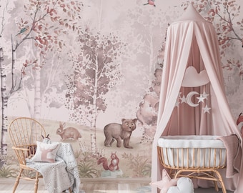 Pastel Woodland Animals Forest Peel and Stick Wallpaper-C360