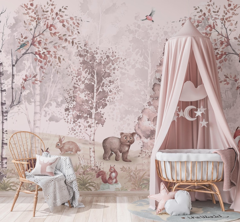 Pastel woodland animals wallpaper featuring a fox, bear, and deer in a soft-colored forest with birch trees and birds.