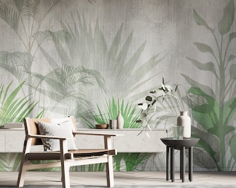 Peel and Stick Green Tropical Leaves Wallpaper - Shadow Jungle Botanical Mural for Easy Home and Office Décor B496