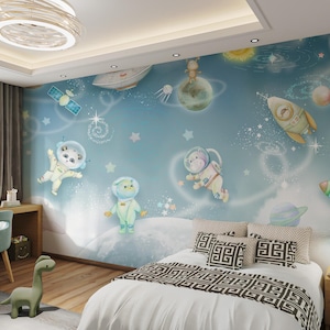 Carta da parati murale con astronauta e animali, avventura nella galassia - AW52