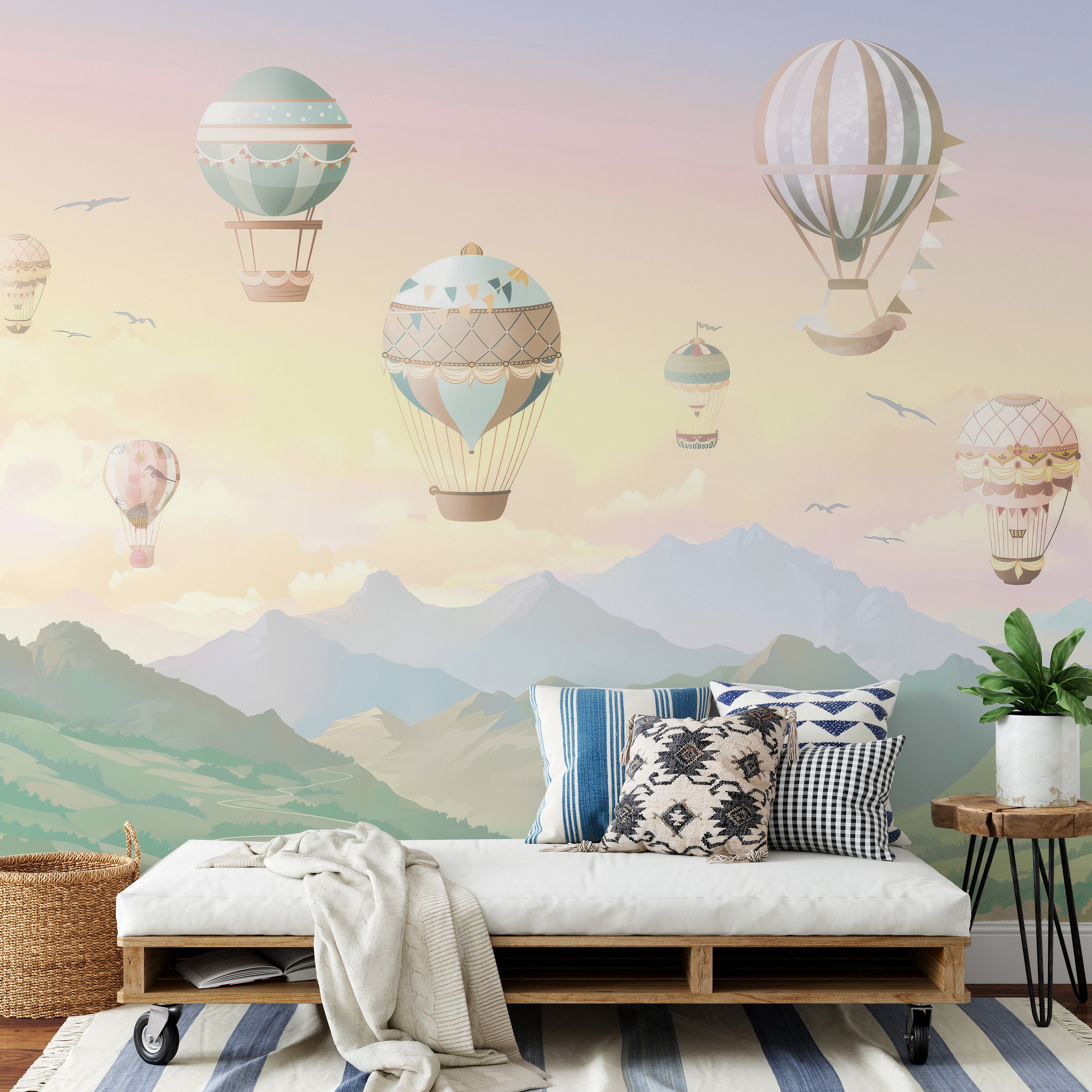 Pastel Hot Air Balloon Wallpaper: Watercolor Mountain Nursery Mural - Etsy