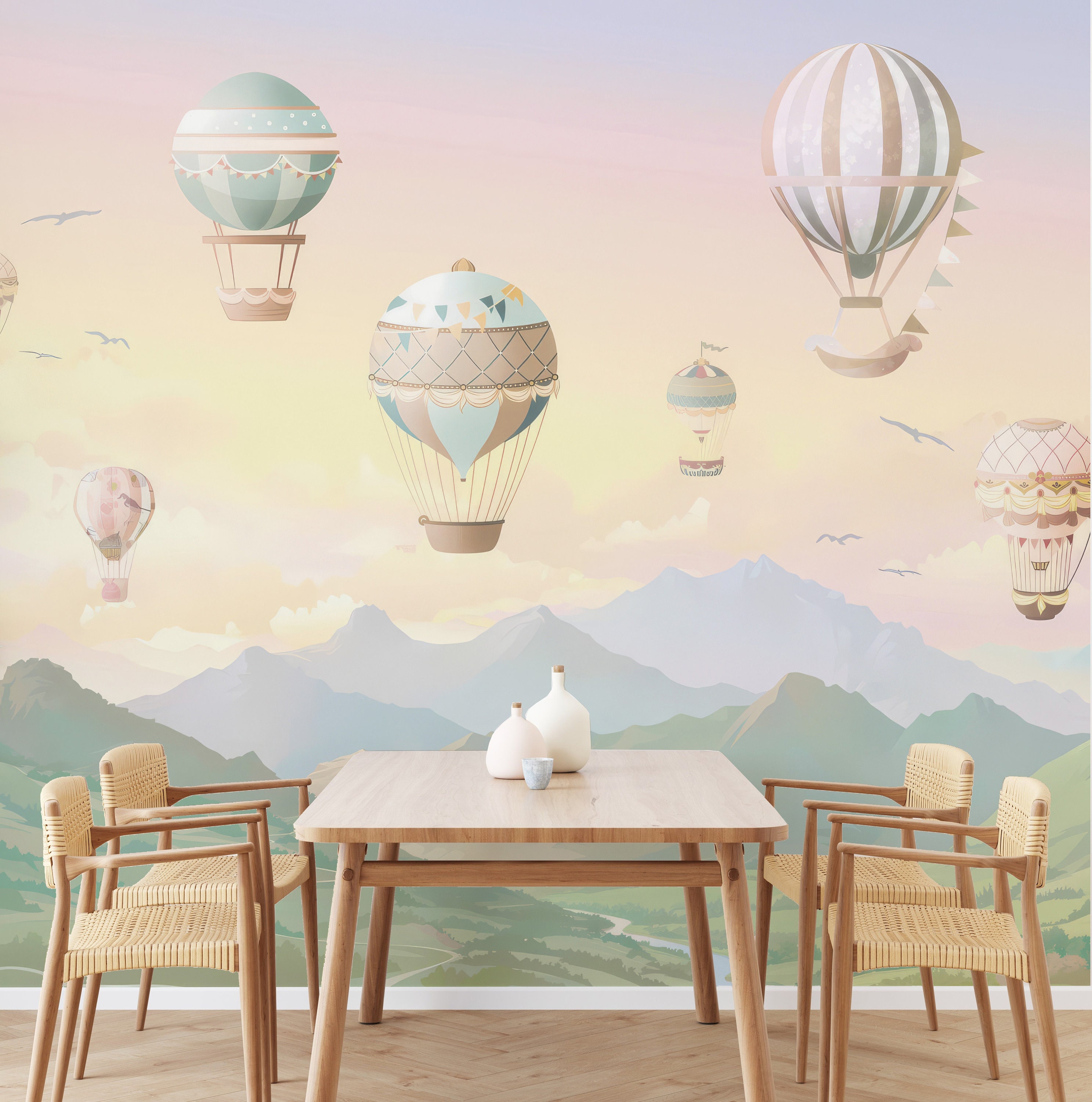 Pastel Hot Air Balloon Wallpaper: Watercolor Mountain Nursery Mural - Etsy