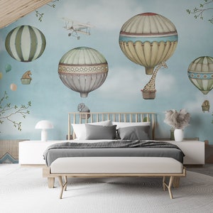 Flying Hot Air Balloons Wallpaper with Animals in the Bucket Wall design for Kids Room by Elegant Walls