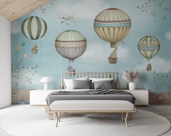 Flying Hot Air Balloons Wallpaper with Animals in the Bucket Wall design for Kids Room by Elegant Walls