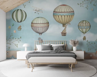 Hot Air Balloon Wallpaper: Watercolor Animals, Kids Room Decor