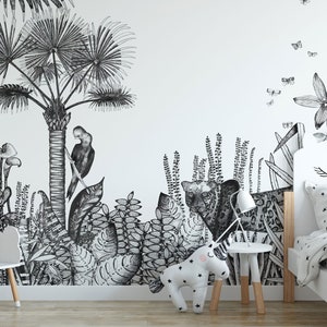 Acquerello bianco e nero Leopardo nella foresta con carta da parati tucano Murale murale / Acquerello Tiger forest design by Elegant Walls