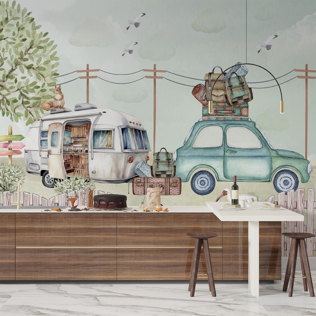 Buy Watercolor Camping Vintage Caravan Peel and Stick Wallpaperc348
