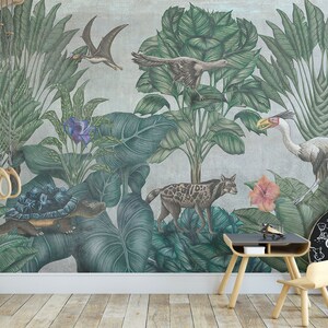 Tropical Trees And Animals Wallpaper, Green Forest Mural Peel and Stick self adhesive by Elegant Walls