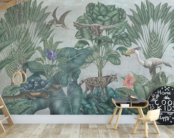 Tropical Forest Wallpaper Mural: Peel and Stick Green Trees & Animals